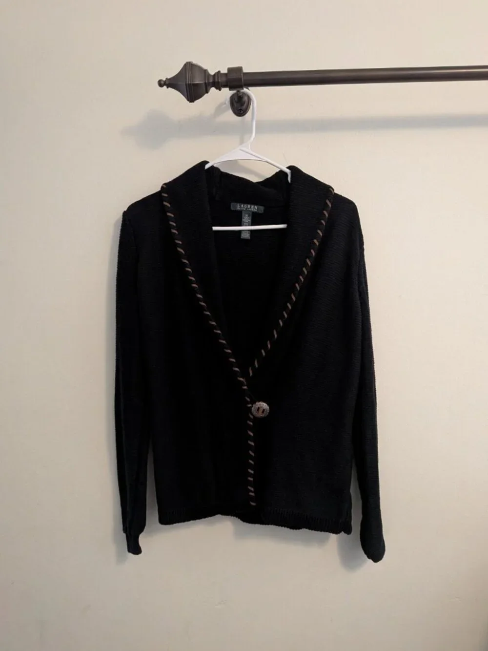 Lauren Ralph Lauren Cardigan M Black Linen Cotton Whipstitch Shawl Collar Boho